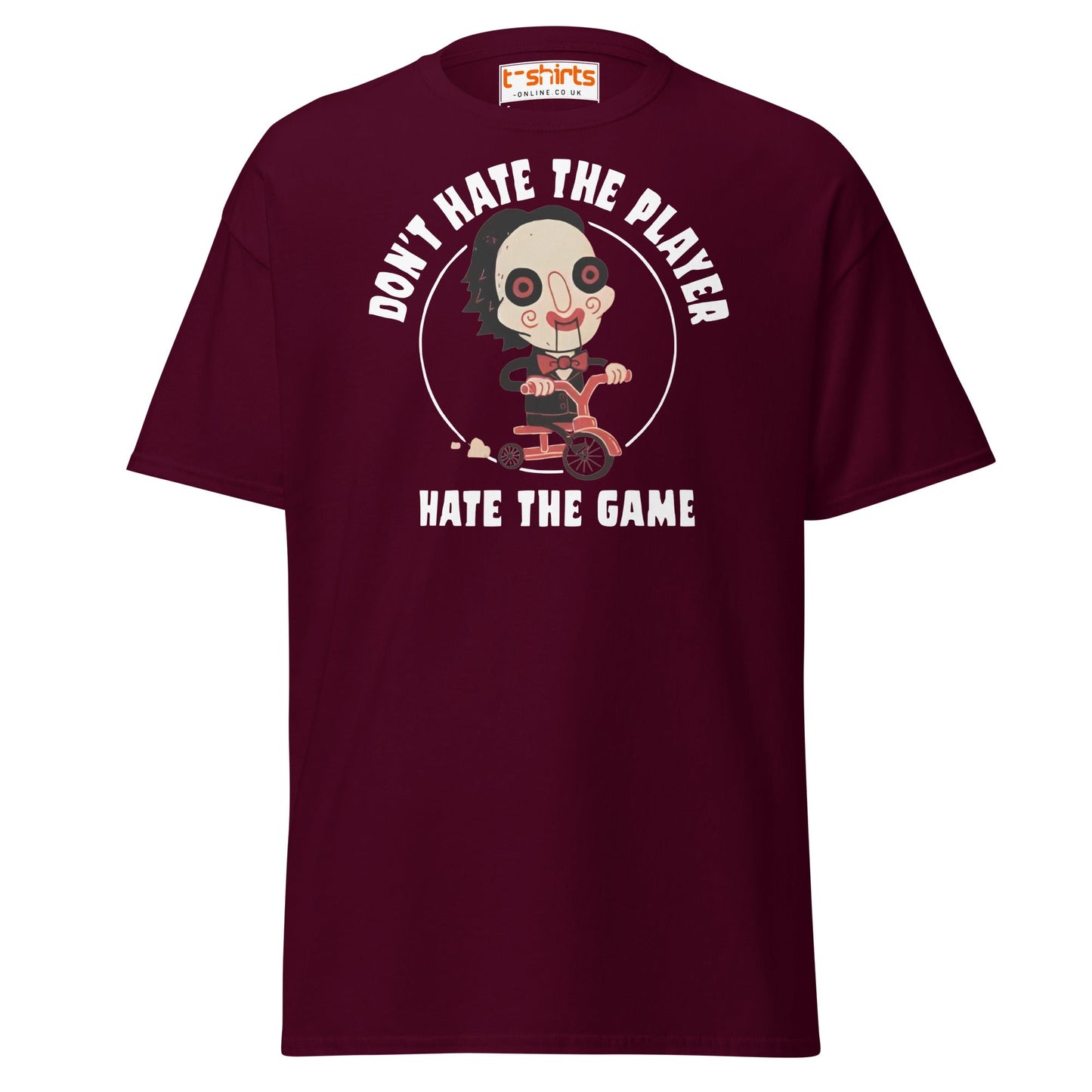 Don’t Hate the Player T-Shirt | Funny Horror Parody Tee - Maroon - T-Shirts Online