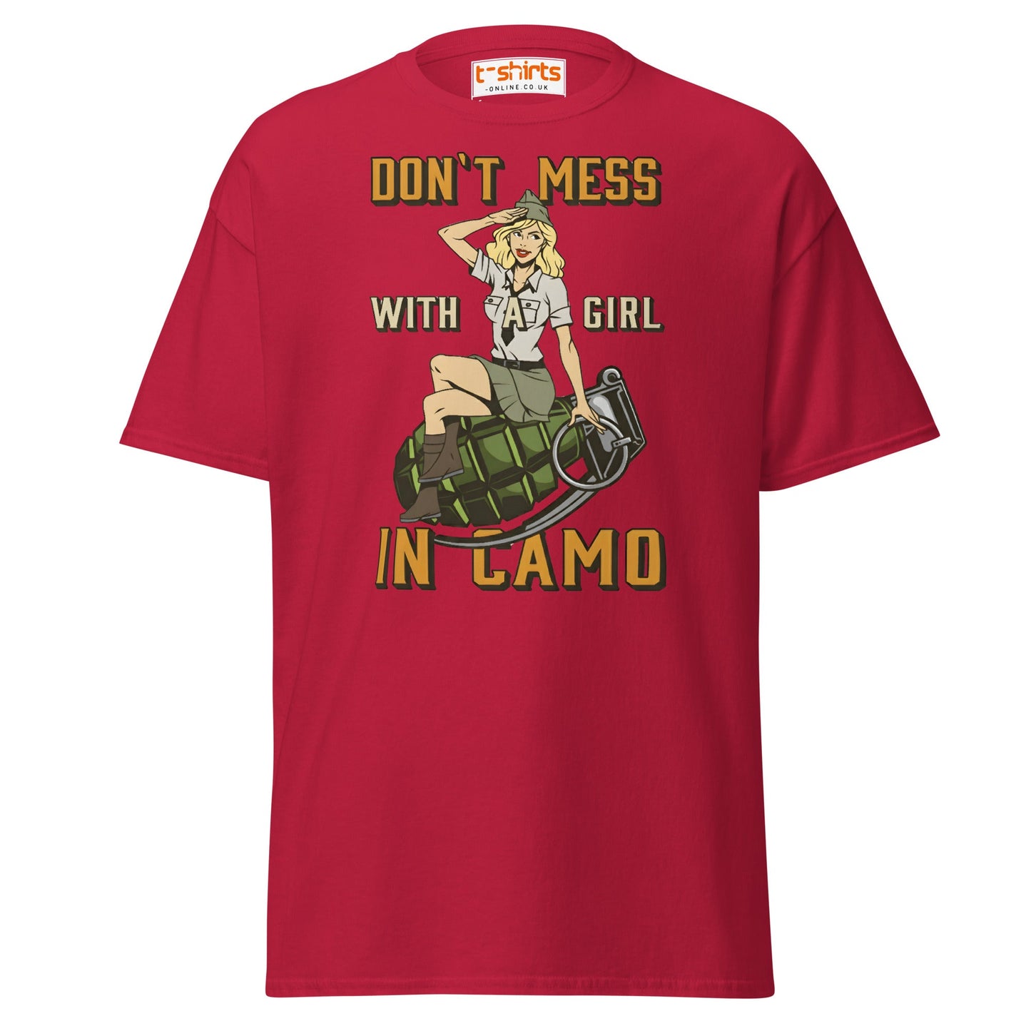 Don’t Mess With a Girl in Camo T-Shirt | Retro Army Tee - Cardinal - T-Shirts Online