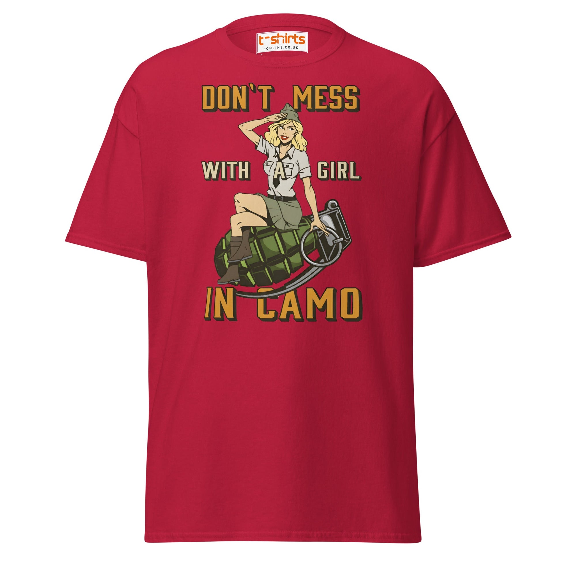 Don’t Mess With a Girl in Camo T-Shirt | Retro Army Tee - Cardinal - T-Shirts Online