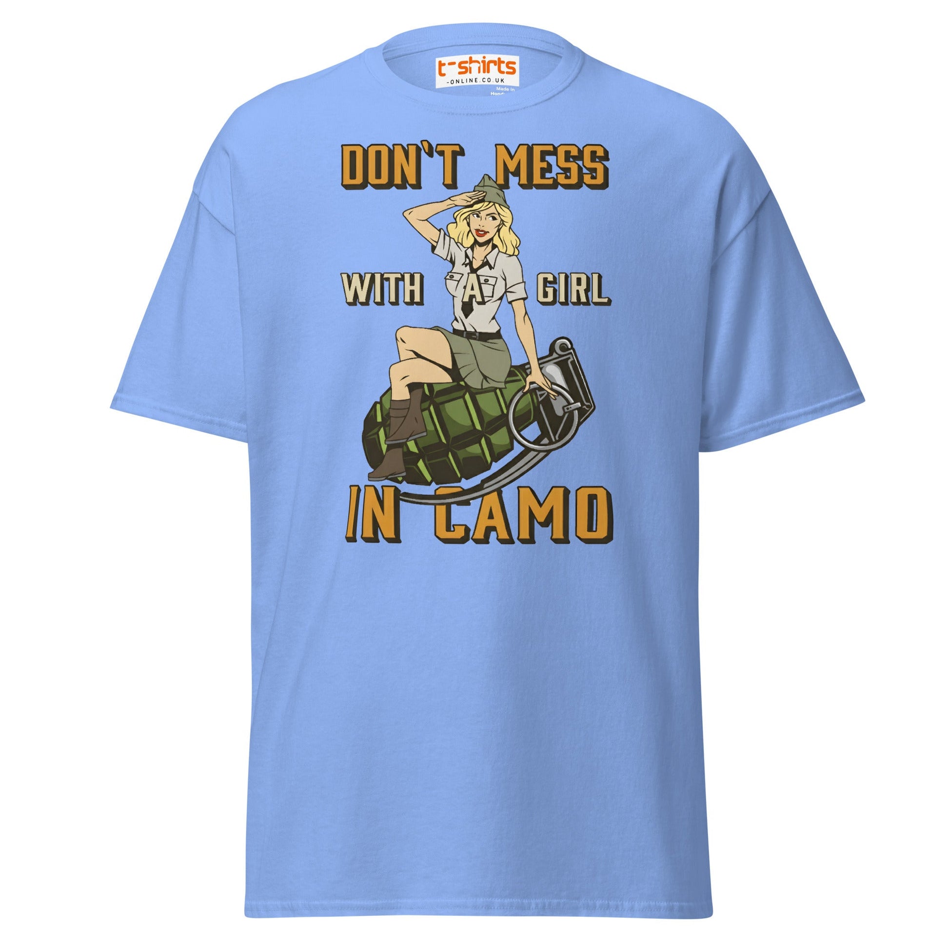 Don’t Mess With a Girl in Camo T-Shirt | Retro Army Tee - Carolina Blue - T-Shirts Online