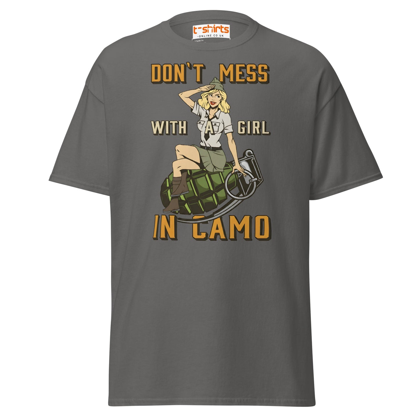 Don’t Mess With a Girl in Camo T-Shirt | Retro Army Tee - Charcoal - T-Shirts Online