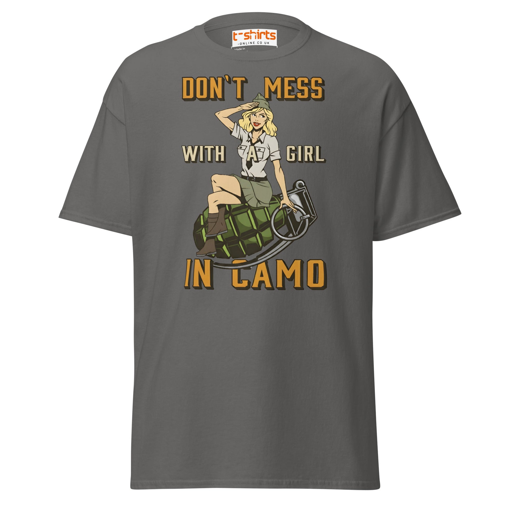Don’t Mess With a Girl in Camo T-Shirt | Retro Army Tee - Charcoal - T-Shirts Online