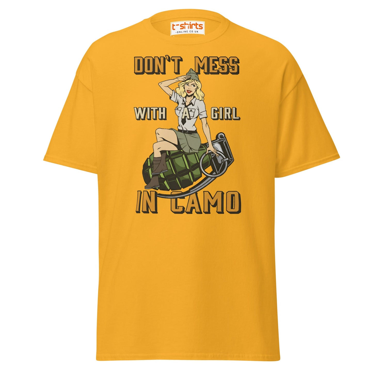 Don’t Mess With a Girl in Camo T-Shirt | Retro Army Tee - Gold - T-Shirts Online