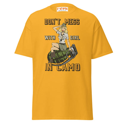 Don’t Mess With a Girl in Camo T-Shirt | Retro Army Tee - Gold - T-Shirts Online