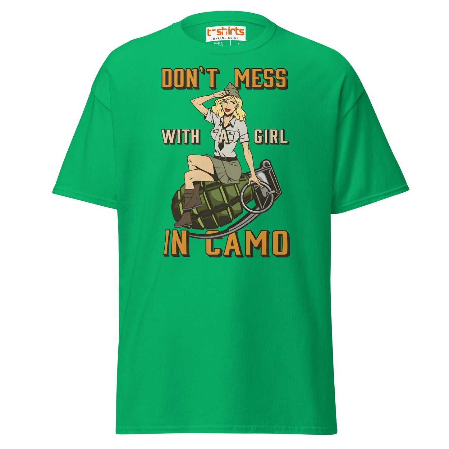 Don’t Mess With a Girl in Camo T-Shirt | Retro Army Tee - Irish Green - T-Shirts Online