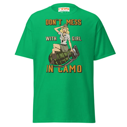 Don’t Mess With a Girl in Camo T-Shirt | Retro Army Tee - Irish Green - T-Shirts Online