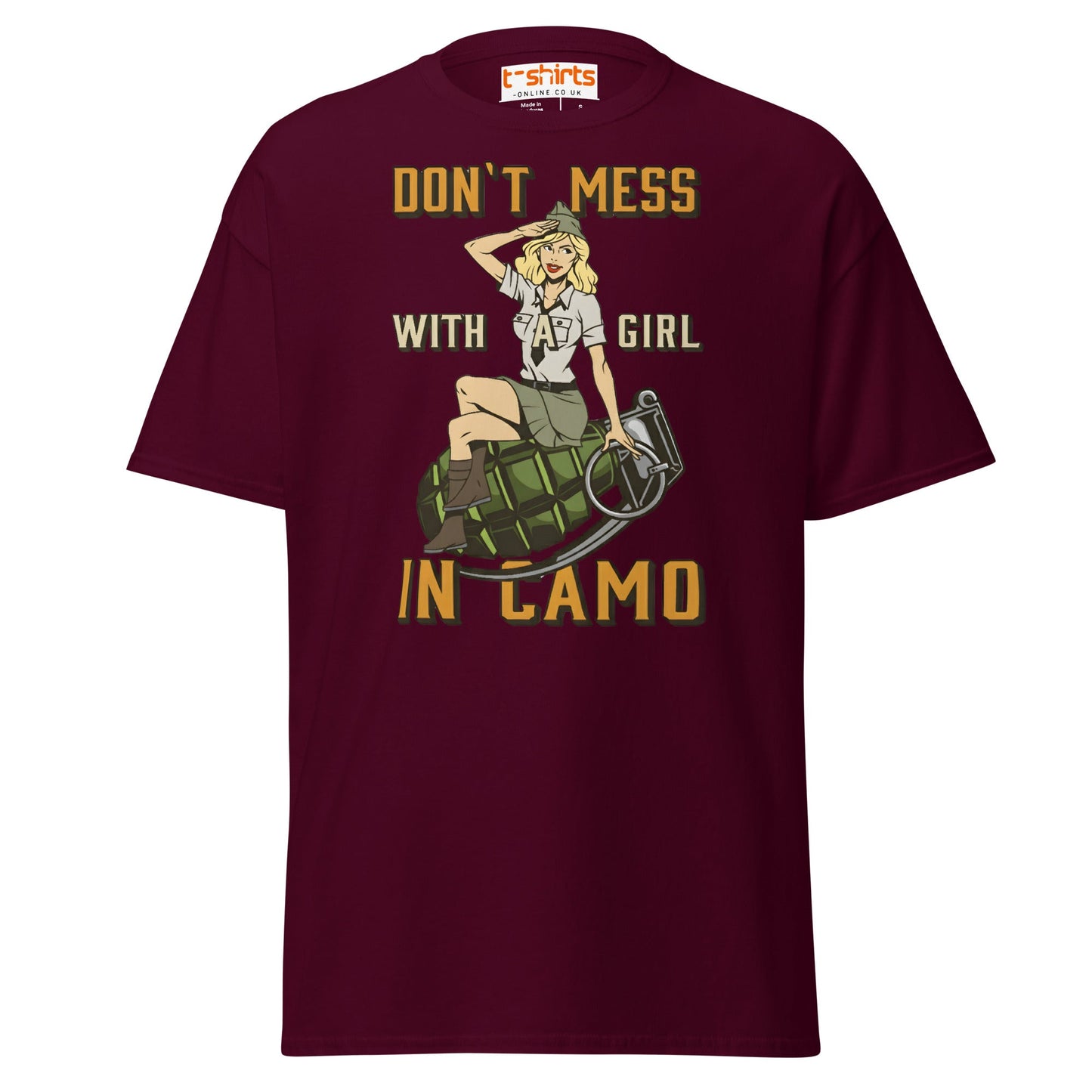 Don’t Mess With a Girl in Camo T-Shirt | Retro Army Tee - Maroon - T-Shirts Online