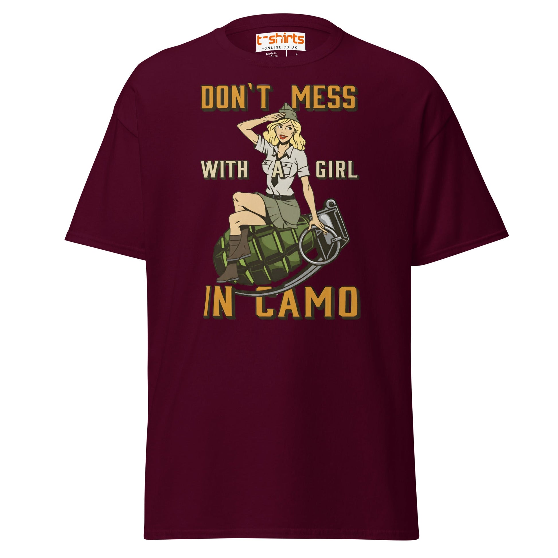 Don’t Mess With a Girl in Camo T-Shirt | Retro Army Tee - Maroon - T-Shirts Online