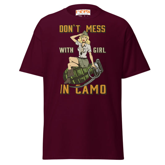 Don’t Mess With a Girl in Camo T-Shirt | Retro Army Tee - Maroon - T-Shirts Online