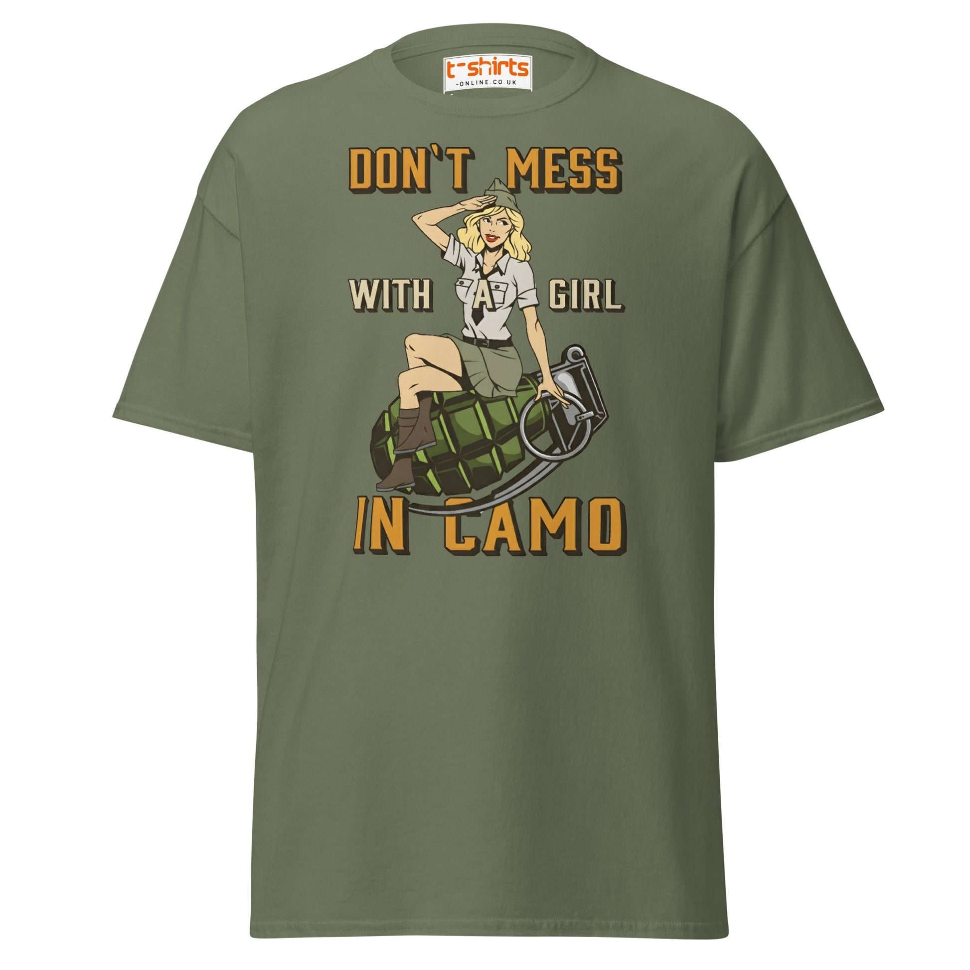 Don’t Mess With a Girl in Camo T-Shirt | Retro Army Tee - Military Green - T-Shirts Online