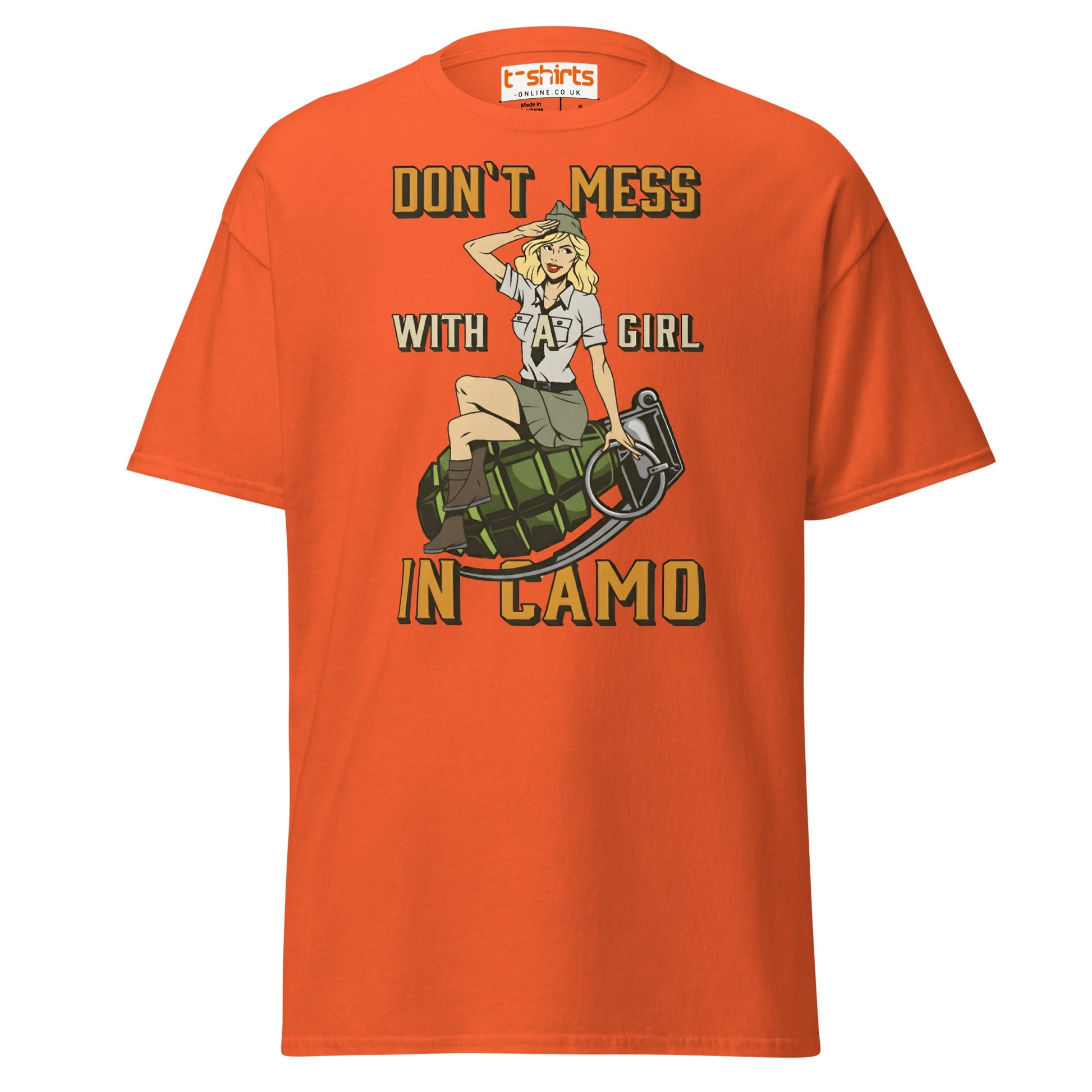 Don’t Mess With a Girl in Camo T-Shirt | Retro Army Tee - Orange - T-Shirts Online