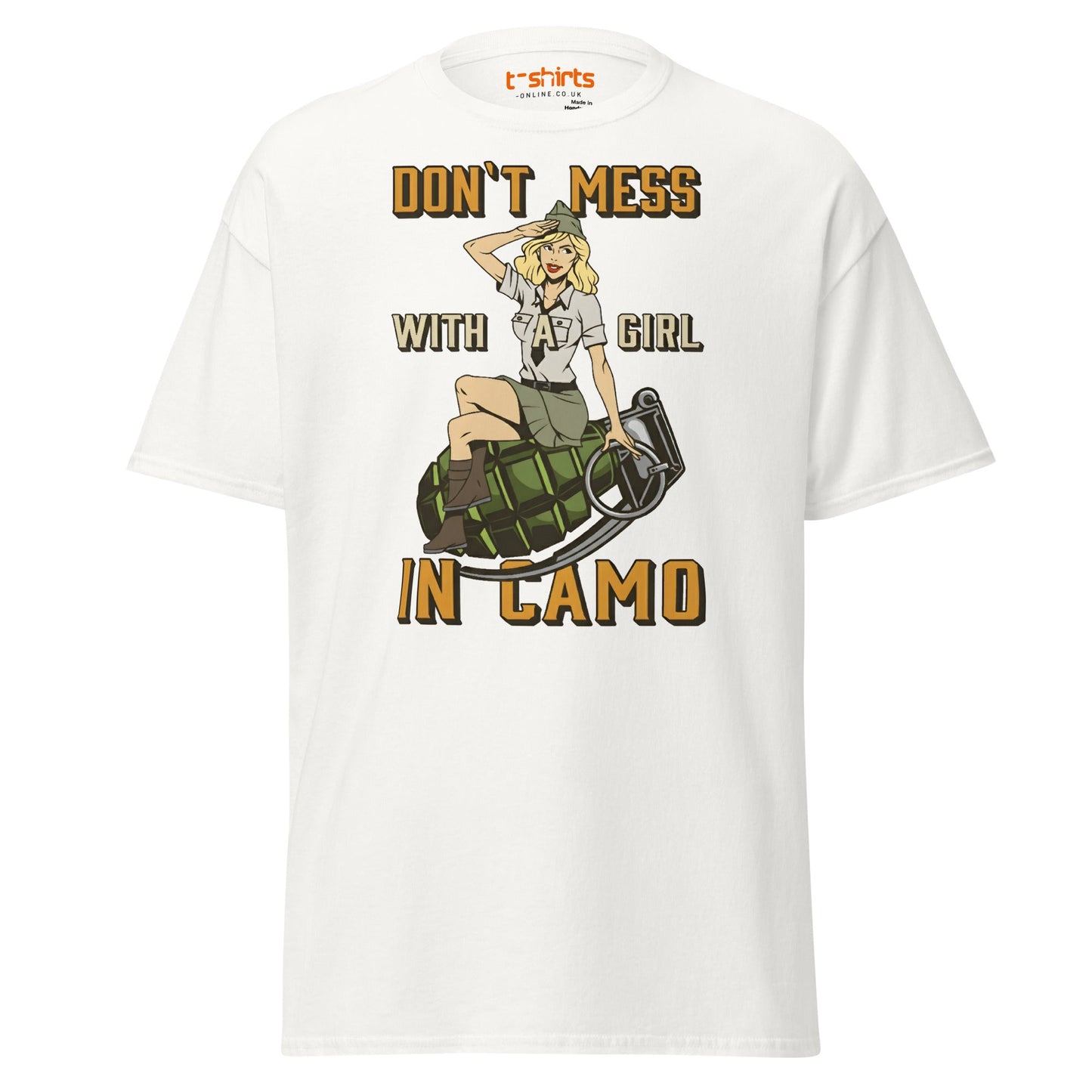 Don’t Mess With a Girl in Camo T-Shirt | Retro Army Tee - White - T-Shirts Online