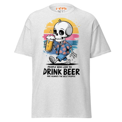 Drink Beer Skeleton T-Shirt | Funny Party Tee - Ash - T-Shirts Online