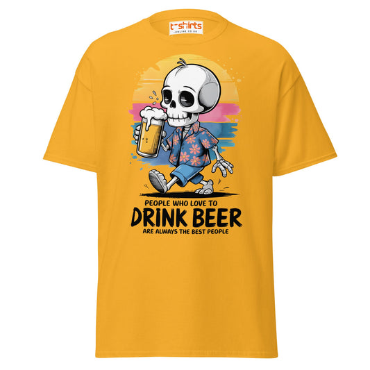 Drink Beer Skeleton T-Shirt | Funny Party Tee - Gold - T-Shirts Online
