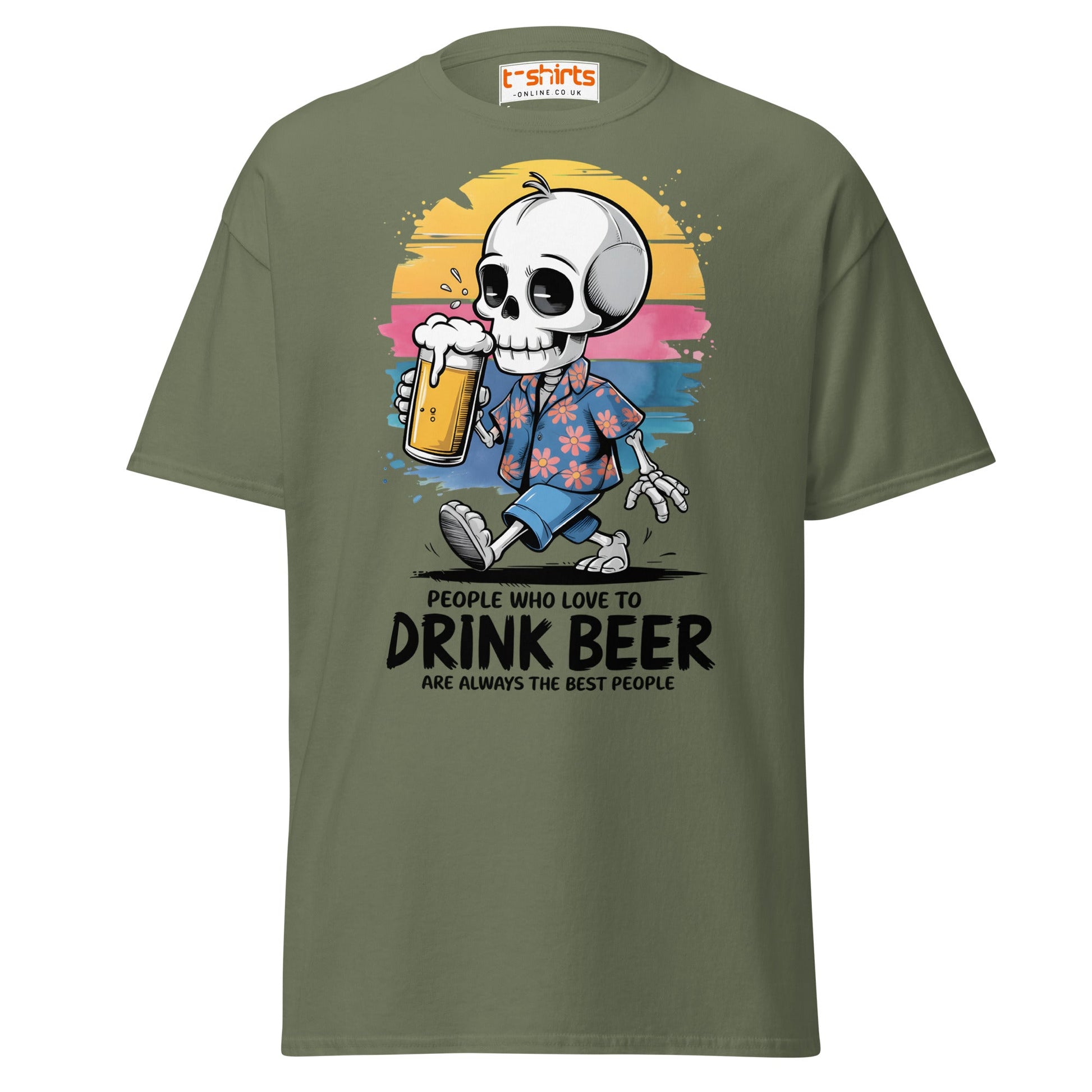 Drink Beer Skeleton T-Shirt | Funny Party Tee - Military Green - T-Shirts Online