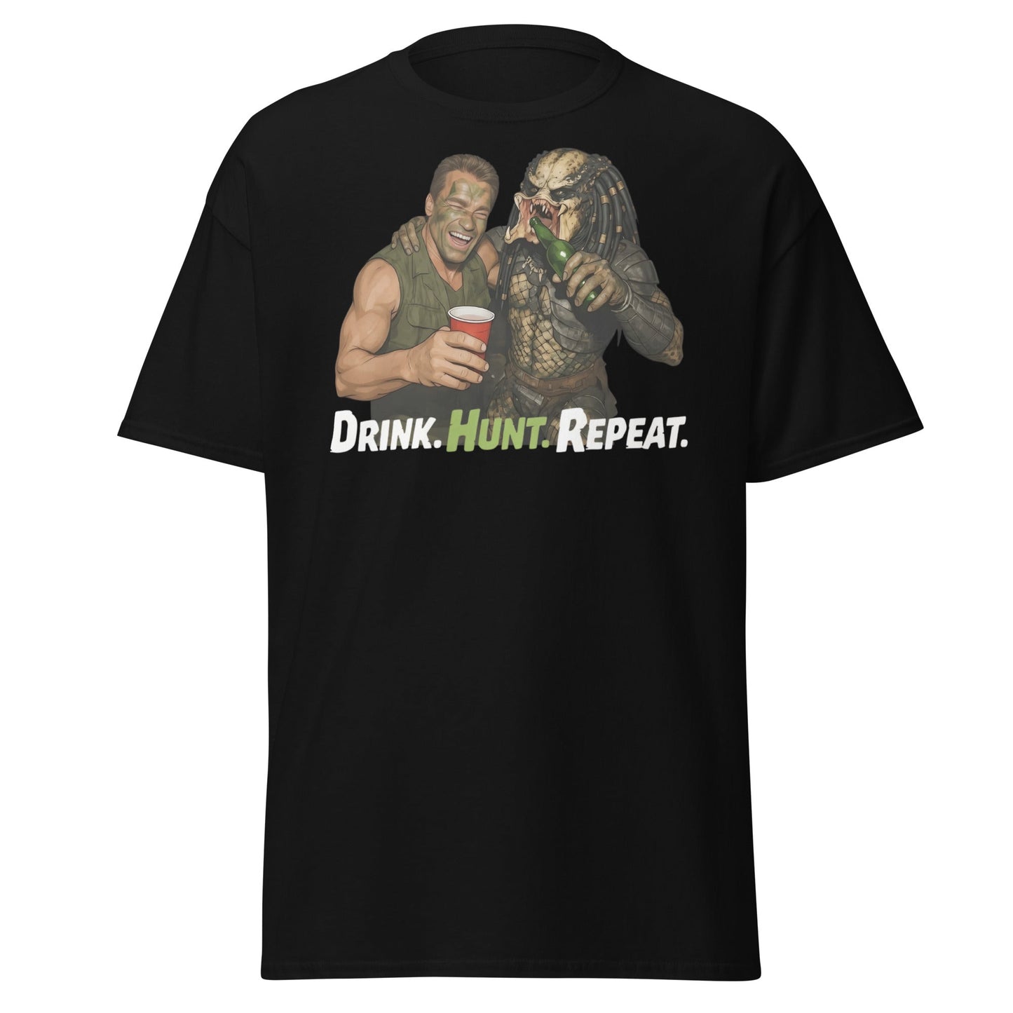 Drink Hunt Repeat T-Shirt | Funny Predator & Arnold Tee - Black - T-Shirts Online