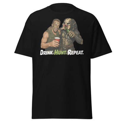 Drink Hunt Repeat T-Shirt | Funny Predator & Arnold Tee - Black - T-Shirts Online