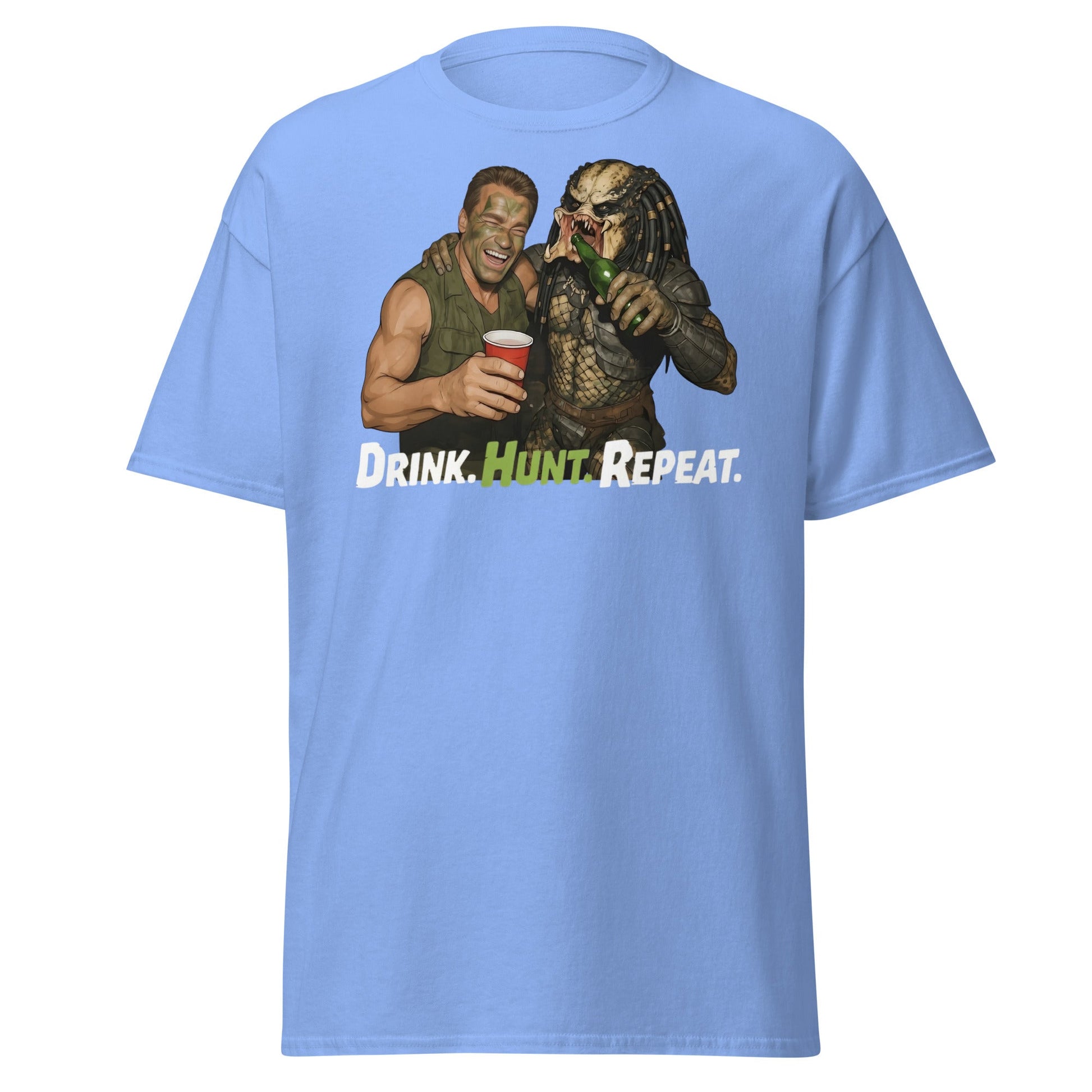 Drink Hunt Repeat T-Shirt | Funny Predator & Arnold Tee - Carolina Blue - T-Shirts Online