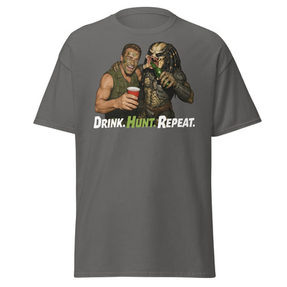 Drink Hunt Repeat T-Shirt | Funny Predator & Arnold Tee - Charcoal - T-Shirts Online