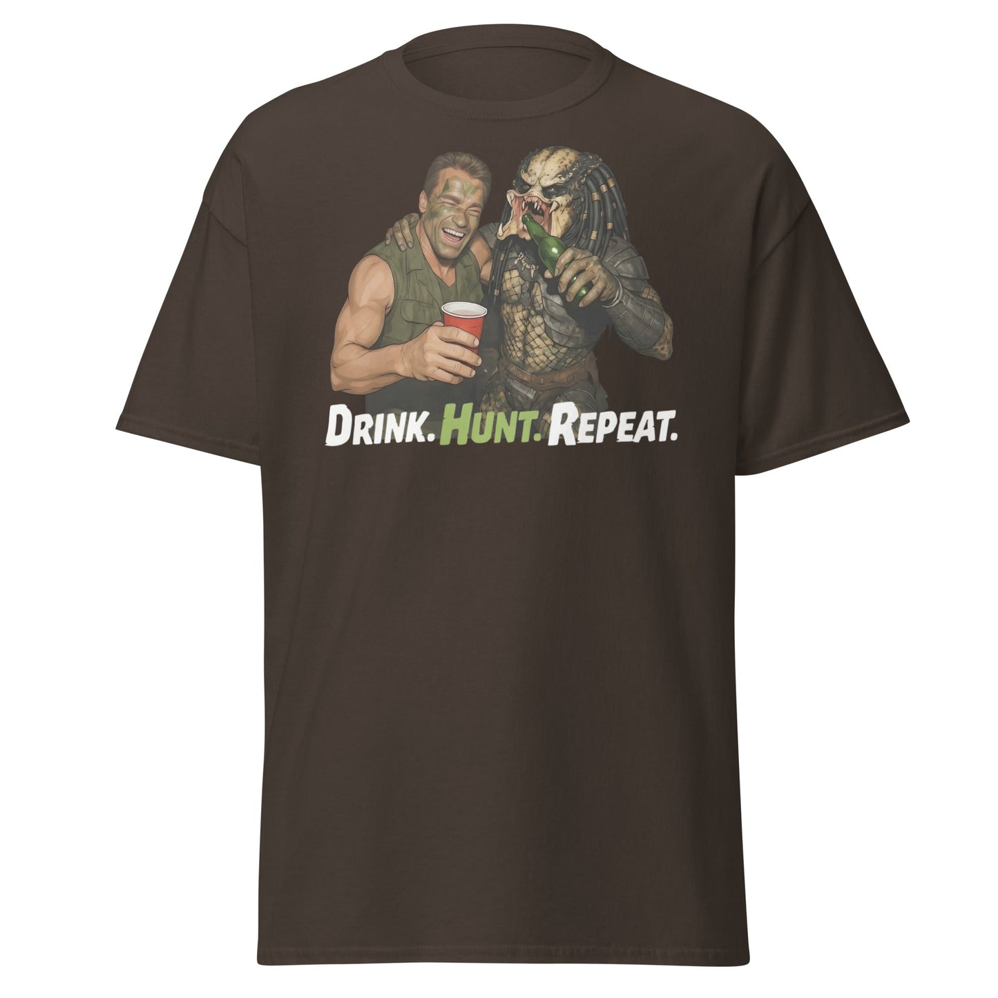 Drink Hunt Repeat T-Shirt | Funny Predator & Arnold Tee - Dark Chocolate - T-Shirts Online