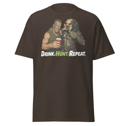 Drink Hunt Repeat T-Shirt | Funny Predator & Arnold Tee - Dark Chocolate - T-Shirts Online