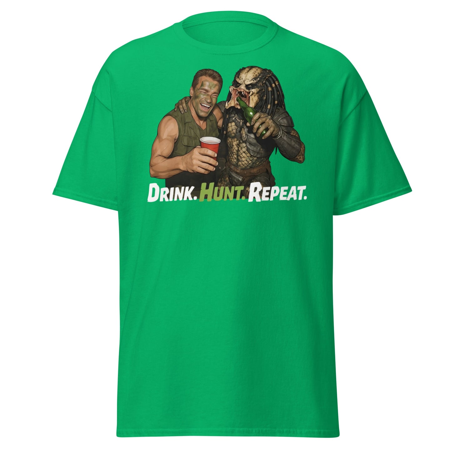 Drink Hunt Repeat T-Shirt | Funny Predator & Arnold Tee - Irish Green - T-Shirts Online
