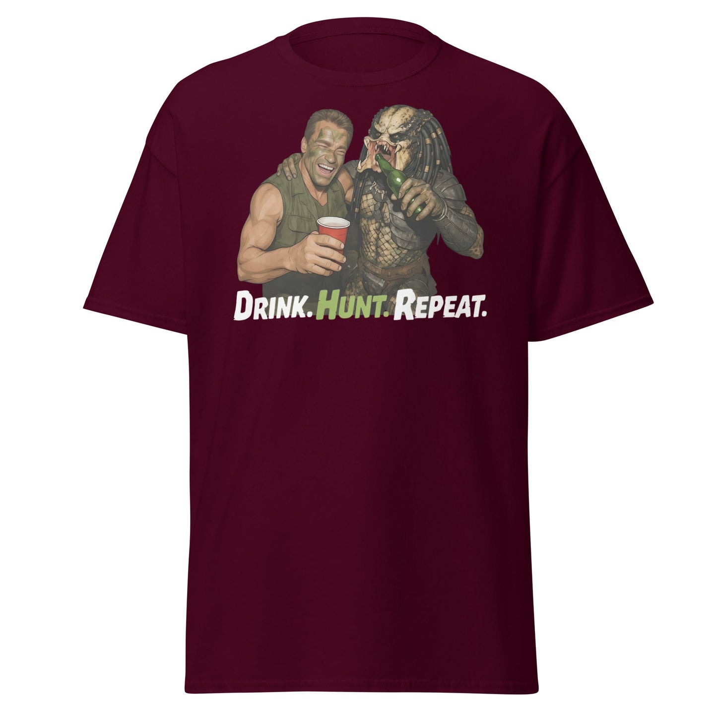 Drink Hunt Repeat T-Shirt | Funny Predator & Arnold Tee - Maroon - T-Shirts Online