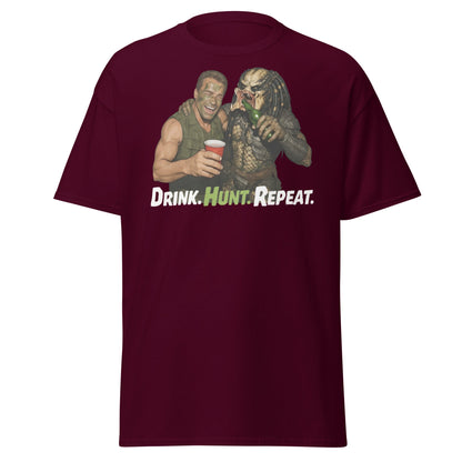 Drink Hunt Repeat T-Shirt | Funny Predator & Arnold Tee - Maroon - T-Shirts Online