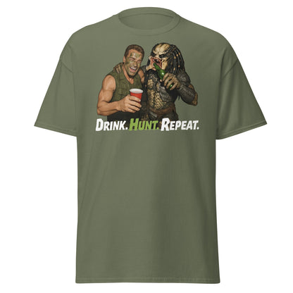 Drink Hunt Repeat T-Shirt | Funny Predator & Arnold Tee - Military Green - T-Shirts Online