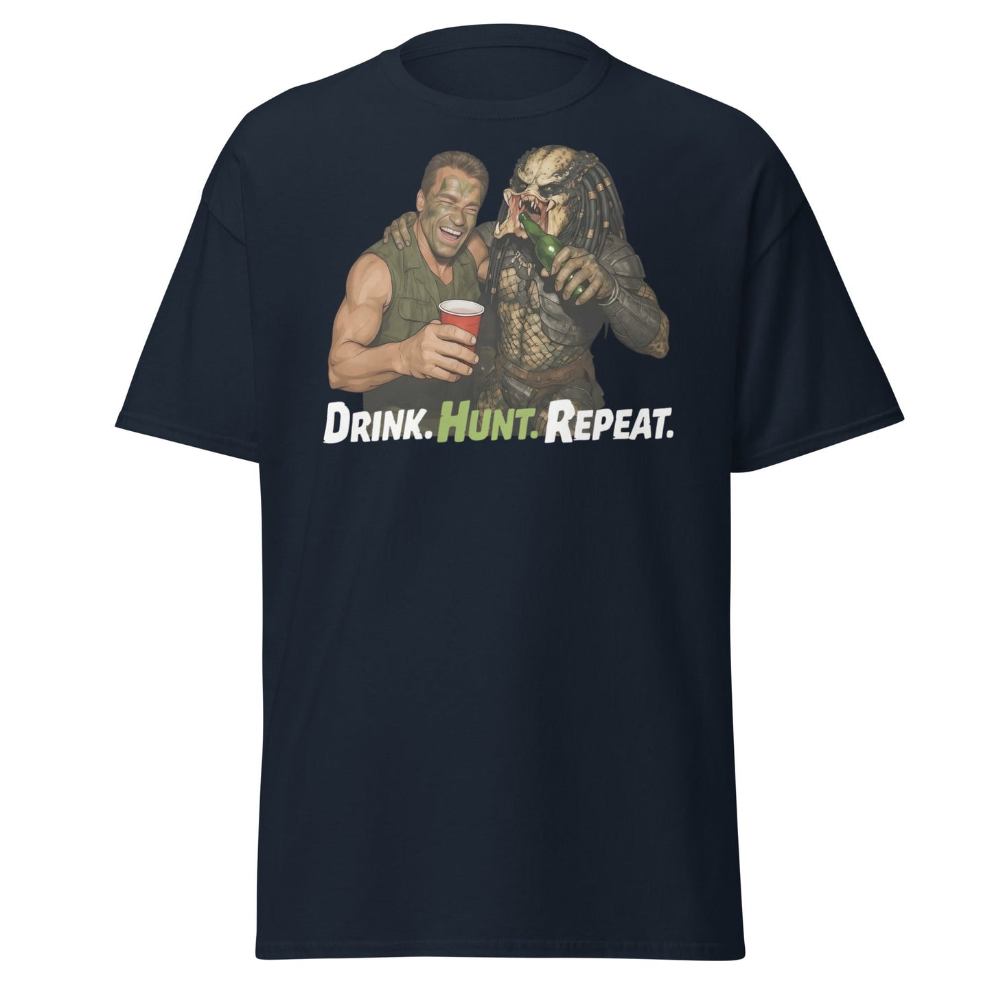 Drink Hunt Repeat T-Shirt | Funny Predator & Arnold Tee - Navy - T-Shirts Online