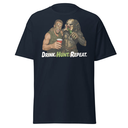 Drink Hunt Repeat T-Shirt | Funny Predator & Arnold Tee - Navy - T-Shirts Online