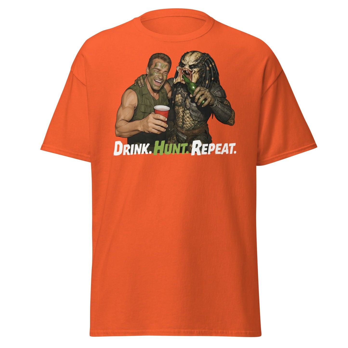 Drink Hunt Repeat T-Shirt | Funny Predator & Arnold Tee - Orange - T-Shirts Online