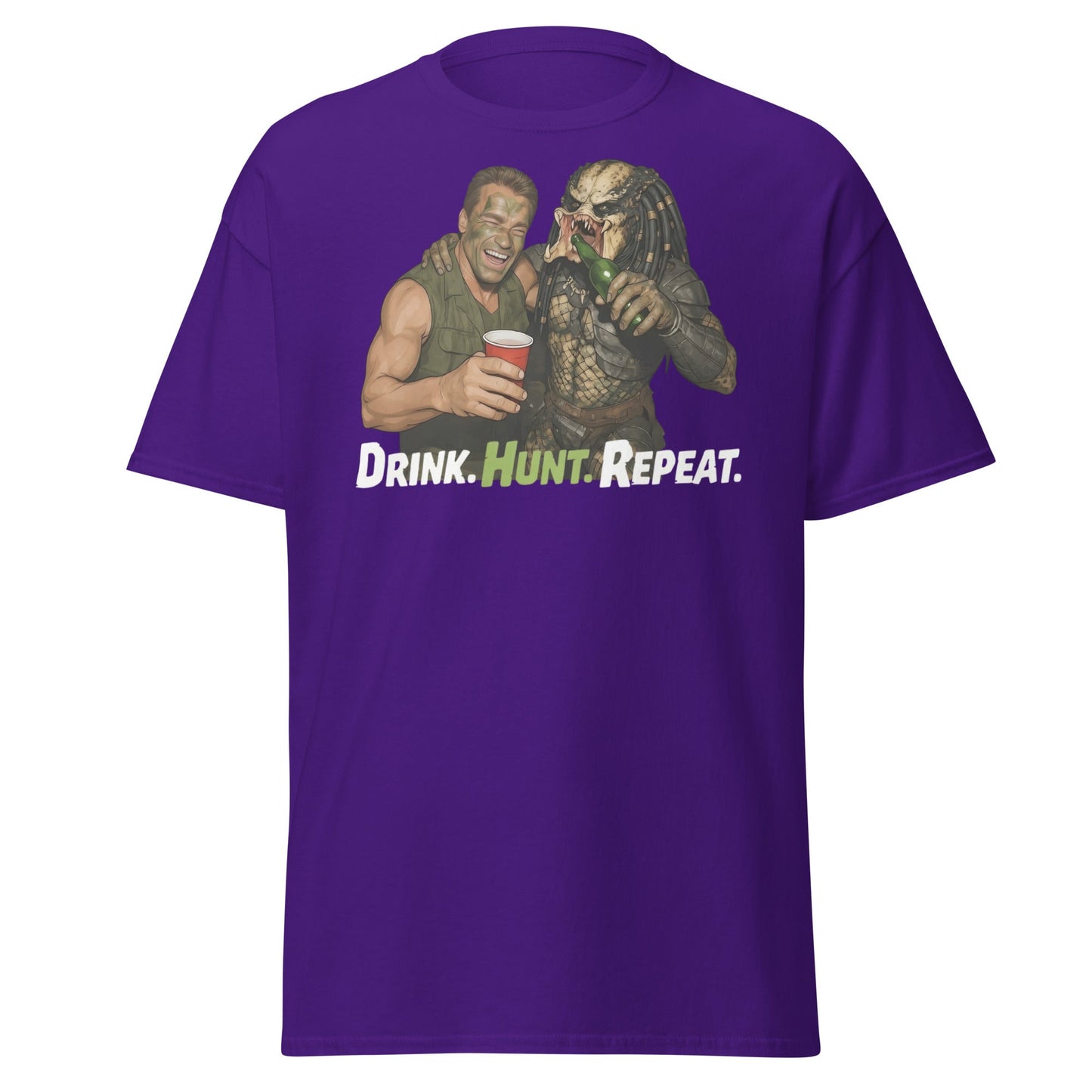 Drink Hunt Repeat T-Shirt | Funny Predator & Arnold Tee - Purple - T-Shirts Online