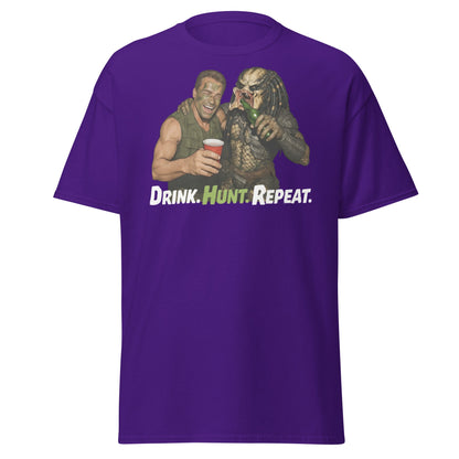 Drink Hunt Repeat T-Shirt | Funny Predator & Arnold Tee - Purple - T-Shirts Online