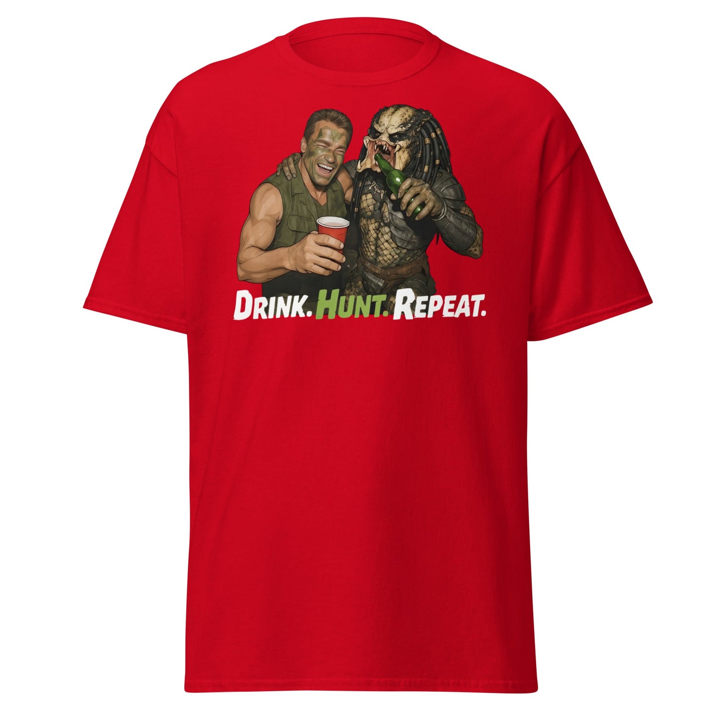 Drink Hunt Repeat T-Shirt | Funny Predator & Arnold Tee - Red - T-Shirts Online