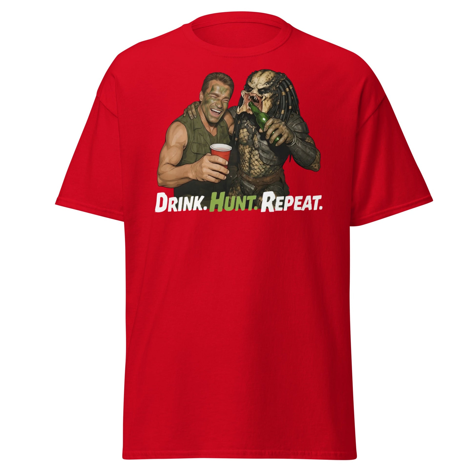 Drink Hunt Repeat T-Shirt | Funny Predator & Arnold Tee - Red - T-Shirts Online