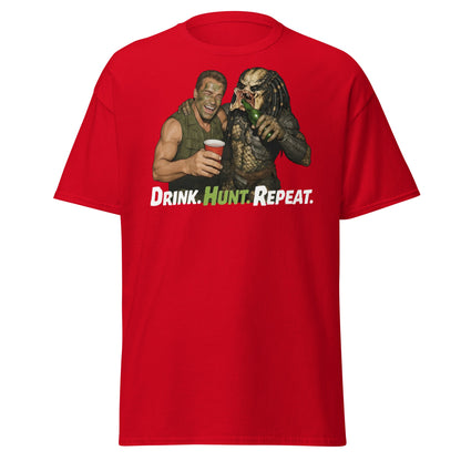 Drink Hunt Repeat T-Shirt | Funny Predator & Arnold Tee - Red - T-Shirts Online
