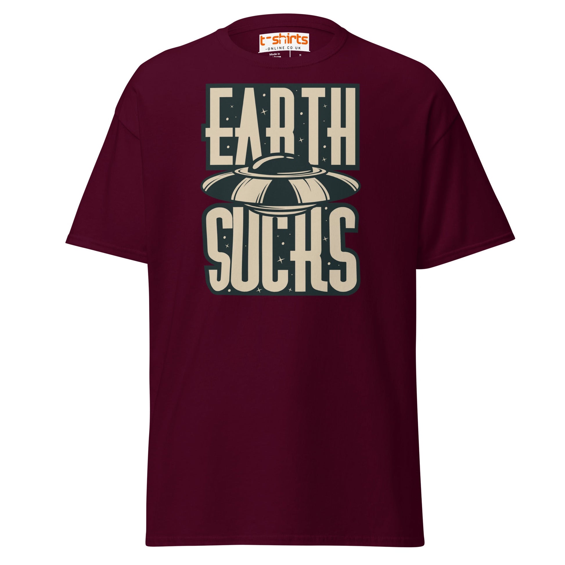 Earth Sucks T-Shirt | Funny UFO Alien Graphic Tee - Maroon - T-Shirts Online