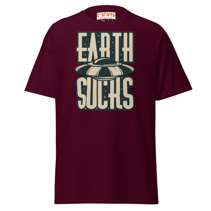 Earth Sucks T-Shirt | Funny UFO Alien Graphic Tee - Maroon - T-Shirts Online