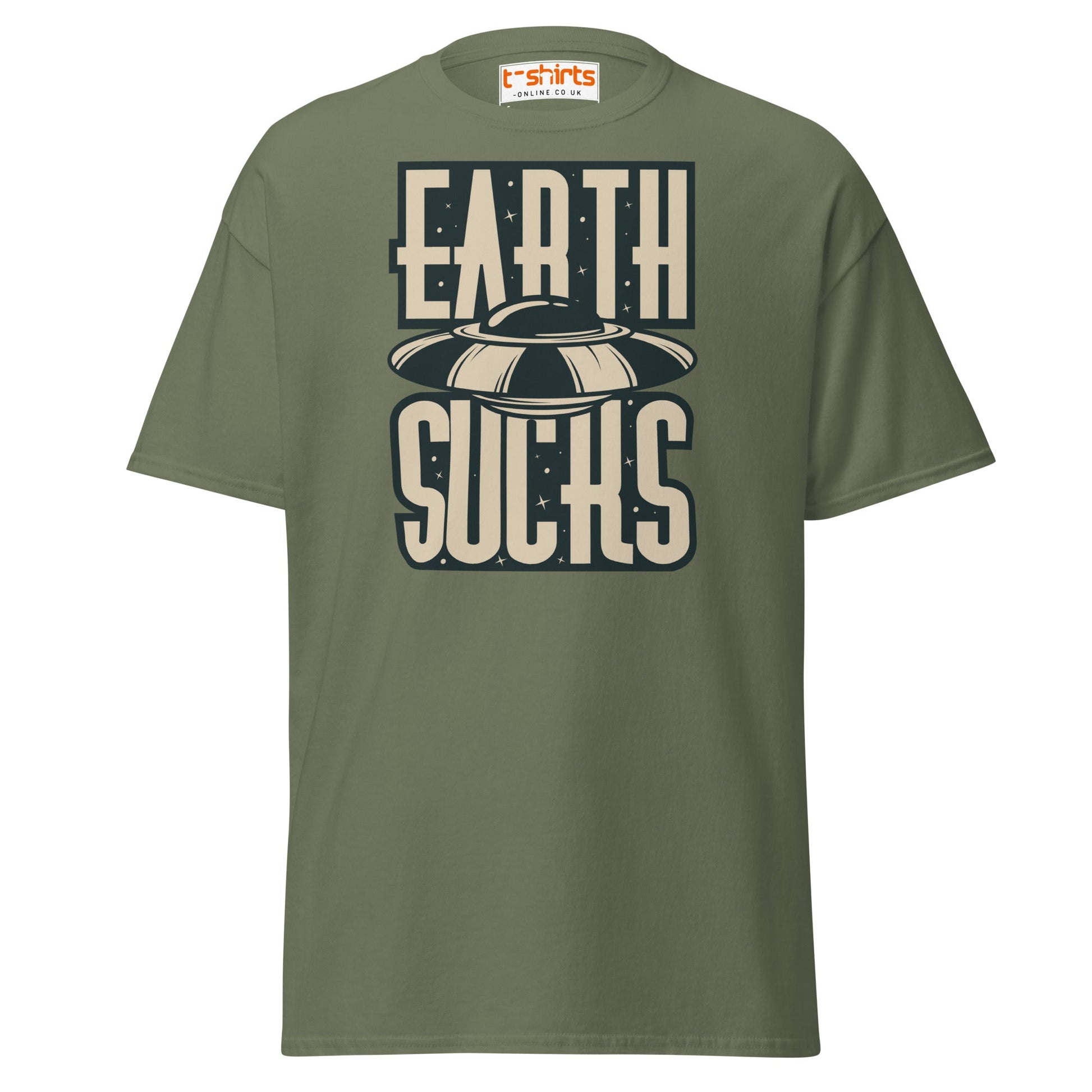 Earth Sucks T-Shirt | Funny UFO Alien Graphic Tee - Military Green - T-Shirts Online