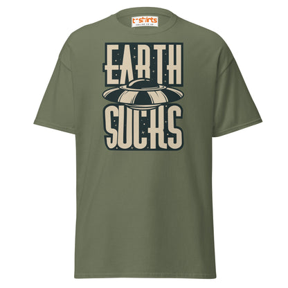 Earth Sucks T-Shirt | Funny UFO Alien Graphic Tee - Military Green - T-Shirts Online