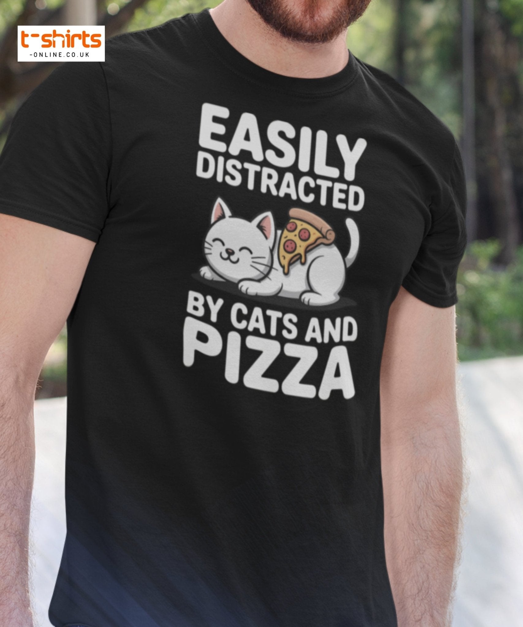 Easily Distracted by Cats and Pizza T-Shirt - Black - T-Shirts Online