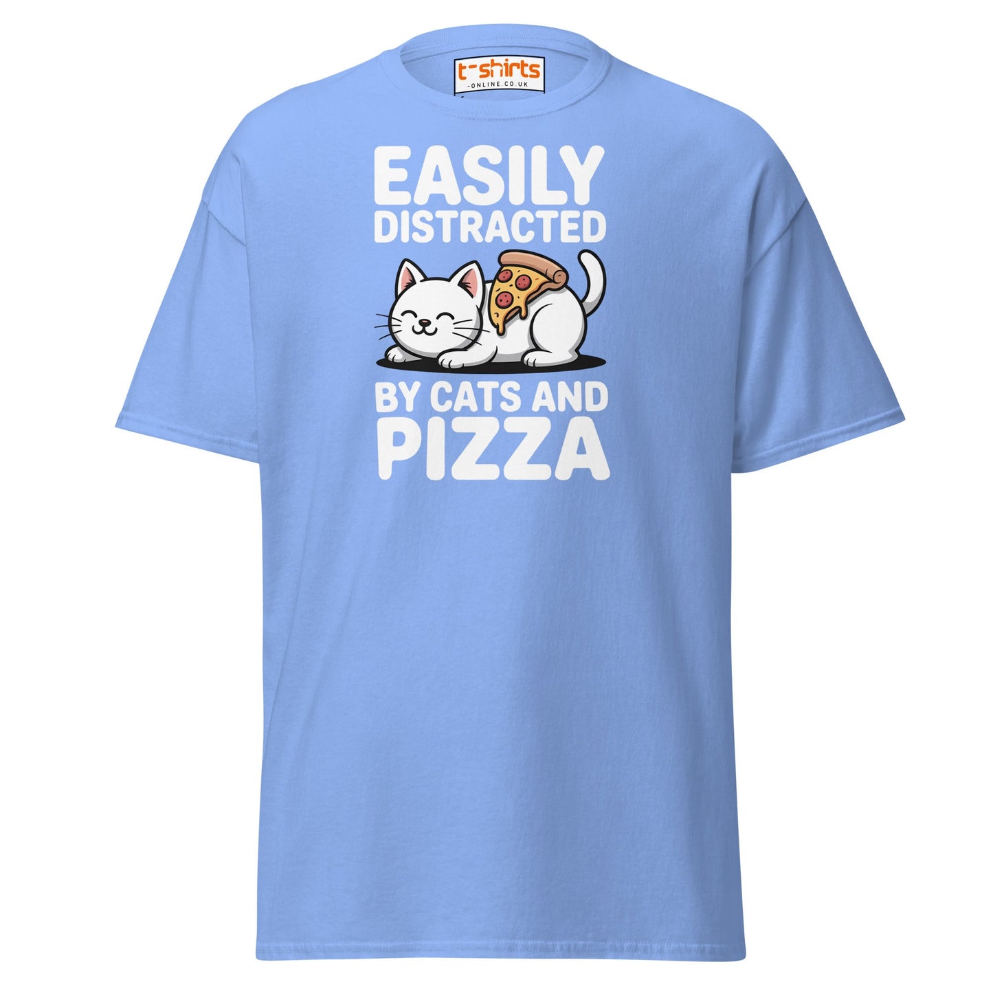 Easily Distracted by Cats and Pizza T-Shirt - Carolina Blue - T-Shirts Online