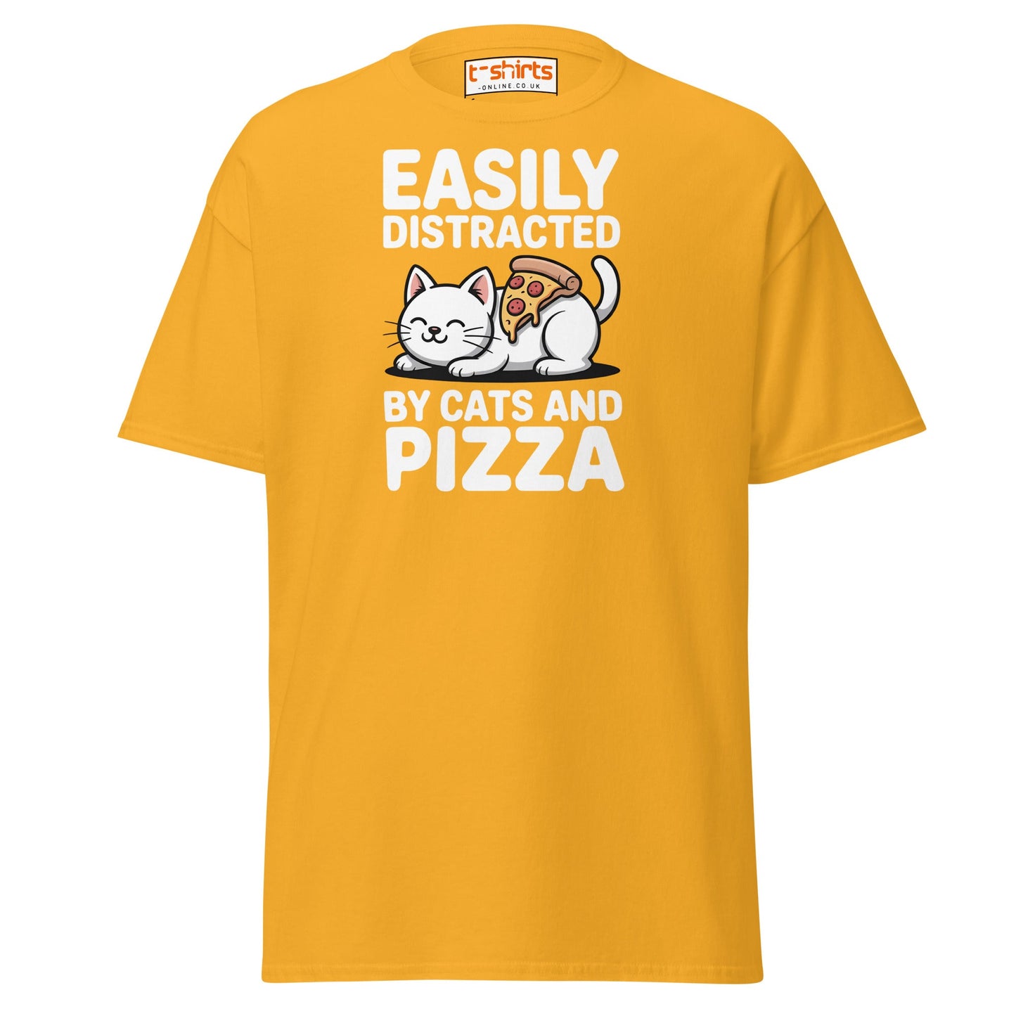 Easily Distracted by Cats and Pizza T-Shirt - Gold - T-Shirts Online