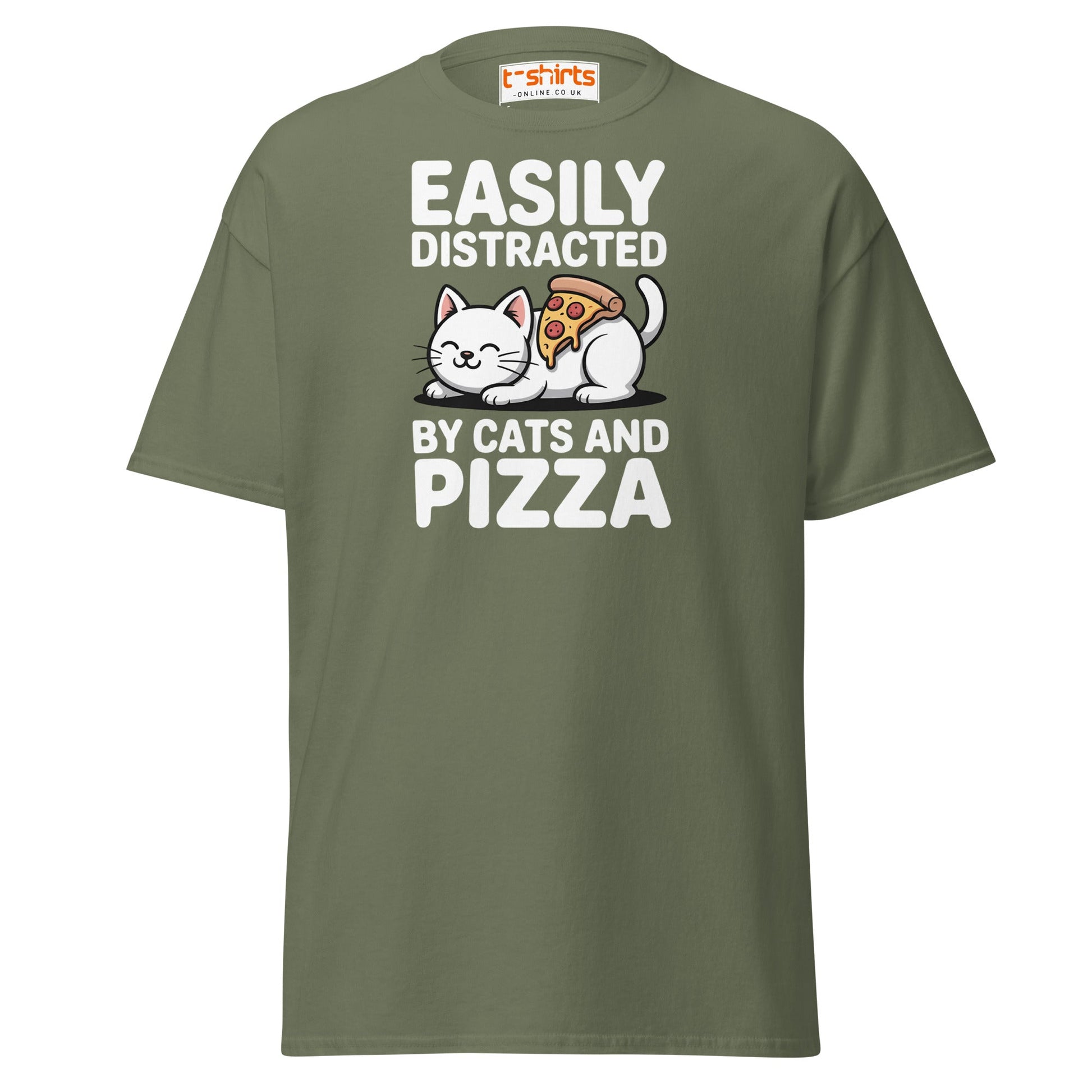 Easily Distracted by Cats and Pizza T-Shirt - Military Green - T-Shirts Online