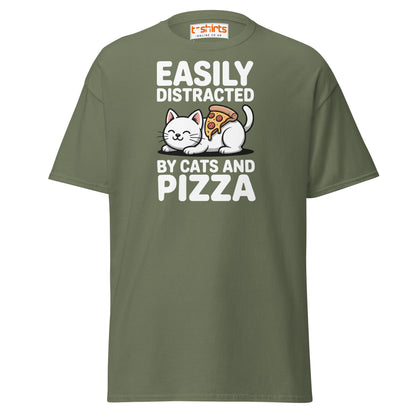 Easily Distracted by Cats and Pizza T-Shirt - Military Green - T-Shirts Online