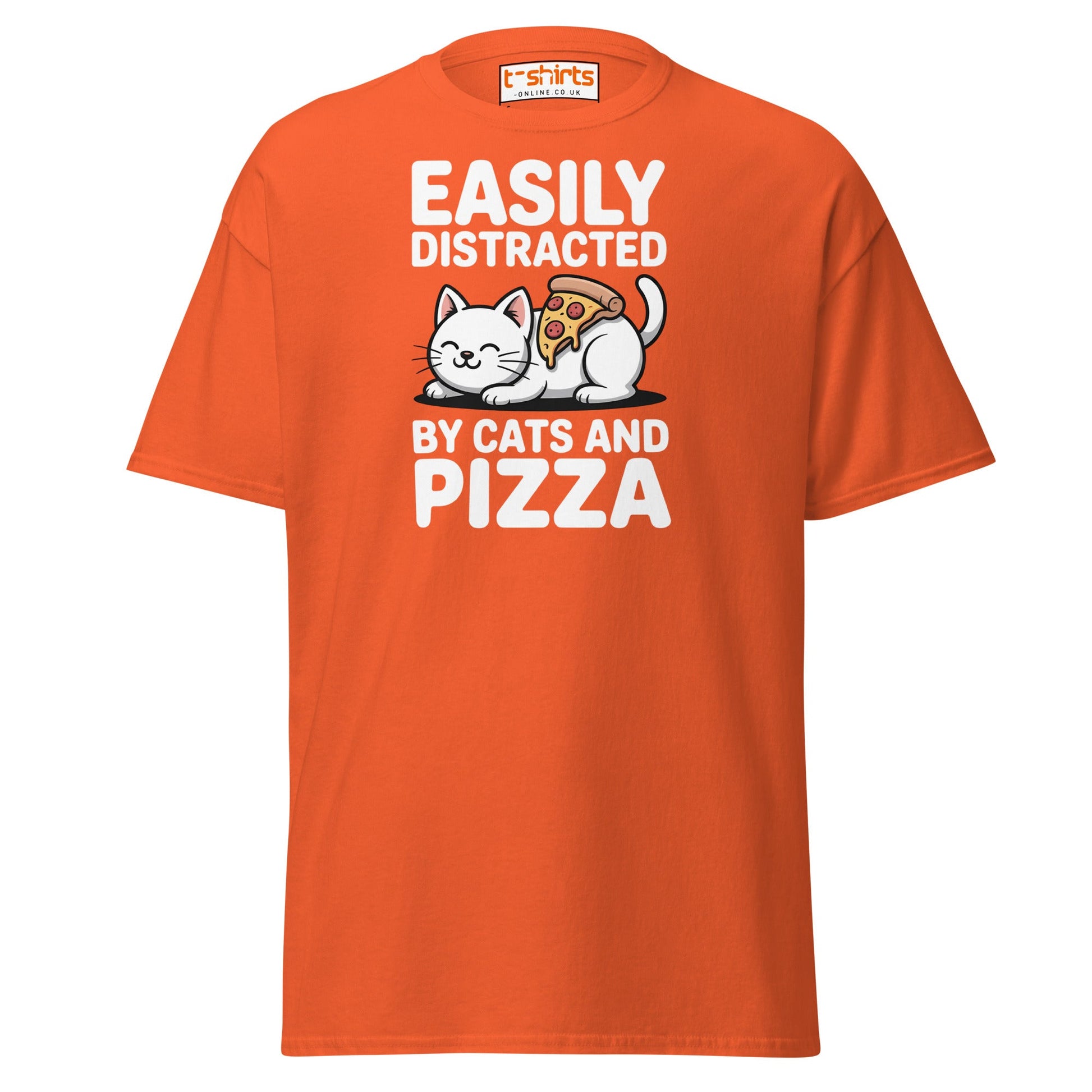 Easily Distracted by Cats and Pizza T-Shirt - Orange - T-Shirts Online