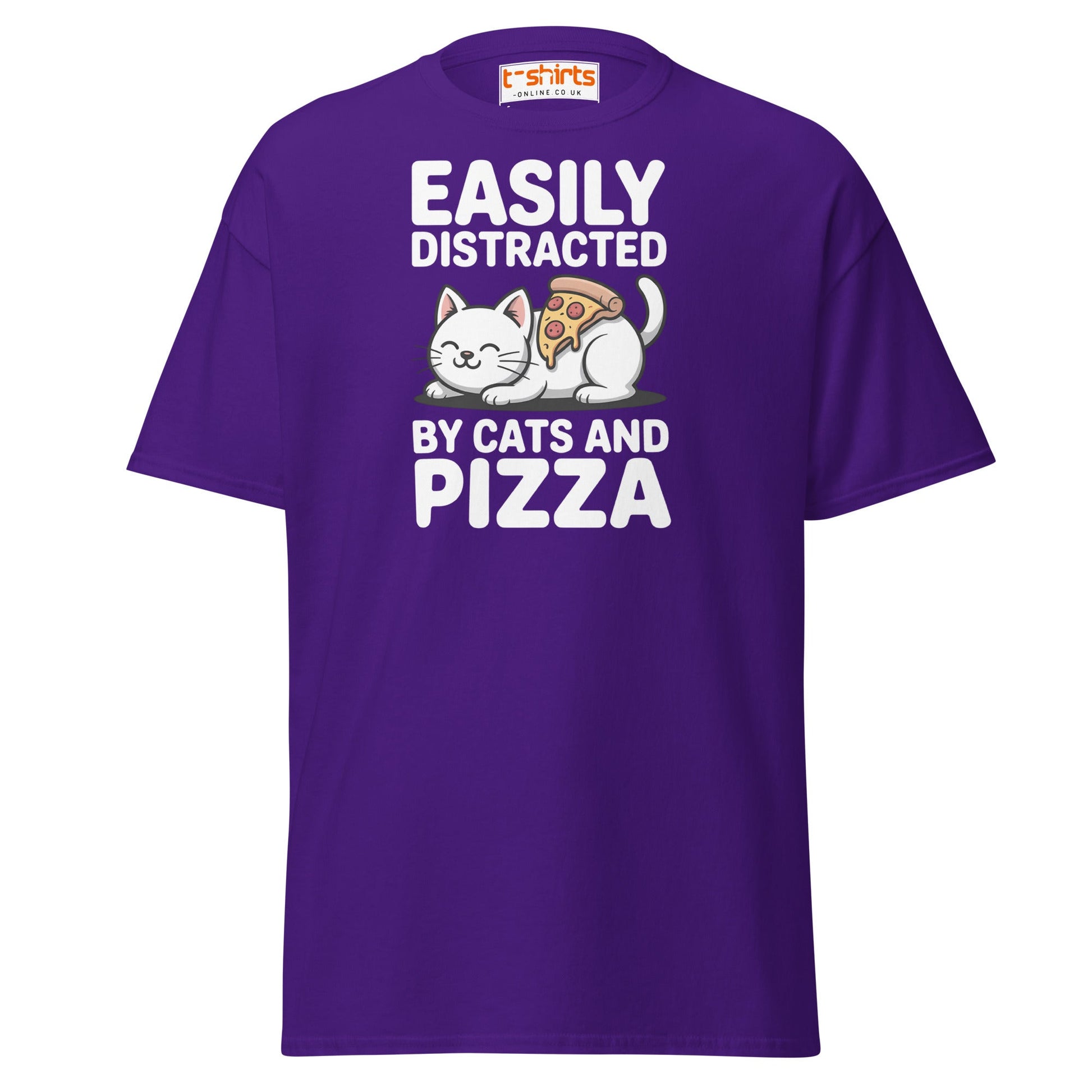 Easily Distracted by Cats and Pizza T-Shirt - Purple - T-Shirts Online