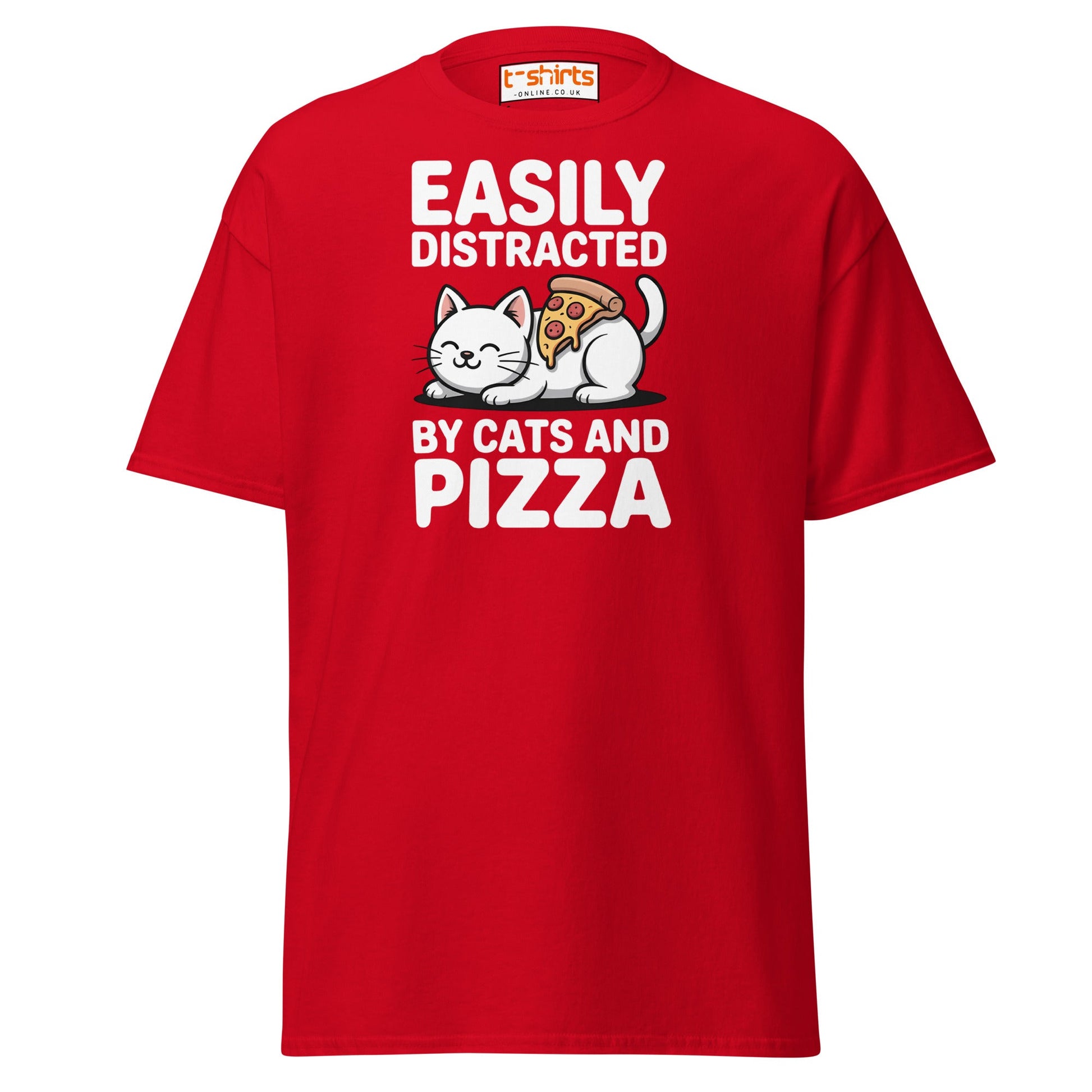 Easily Distracted by Cats and Pizza T-Shirt - Red - T-Shirts Online