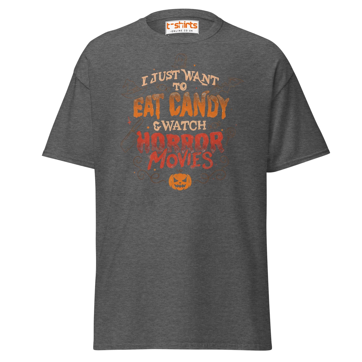 Eat Candy & Watch Horror Movies T-Shirt - Dark Heather - T-Shirts Online
